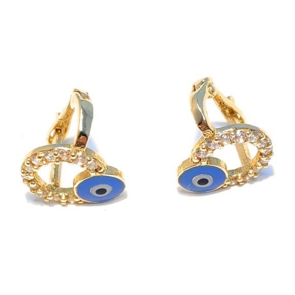 14 Carat Gold Earrings Enamel Evil Eye CZ Stones - Picture 4 of 10